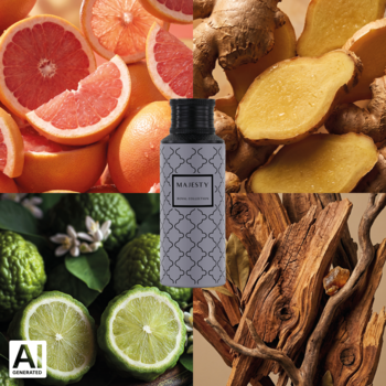 Woda perfumowana unisex Maison Asrar Majesty otoczona składnikami: grejpfrut, imbir, bergamotka, drewno.