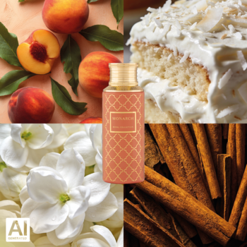 Maison Asrar Monarch woda perfumowana unisex w centralnym ujęciu, otoczona brzoskwiniami, kokosem, jaśminem i cynamonem.