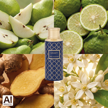 Maison Asrar Legacy woda perfumowana unisex. Butelka z gruszką, bergamotką, imbirem i białymi kwiatami.