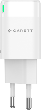 Biała ładowarka sieciowa Garett Fast Charge 30W GaN, z logo, zieloną diodą i dwoma pinami, widok z przodu.