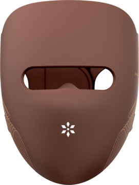 Zbliżenie brązowej maski LED Garett Beauty Skin Ritual do fototerapii na twarz, z owalnym otworem na oczy i symbolem.
