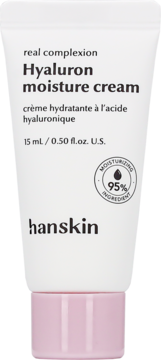 Hanskin Real Complexion Hyaluron moisture cream, biała tubka z różową nakrętką, widok z przodu, 15 ml.