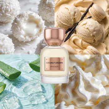 Mykonos Coconut Dreams, perfumy damskie. Butelka w otoczeniu: kokos, lody waniliowe, aloes i kremowe nuty gourmand.