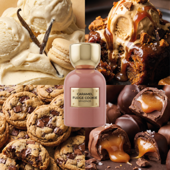Perfumy Caramel Fudge Cookie w różowej butelce, otoczone kolażem deserów: lody waniliowe, brownie, ciastka i czekoladki.