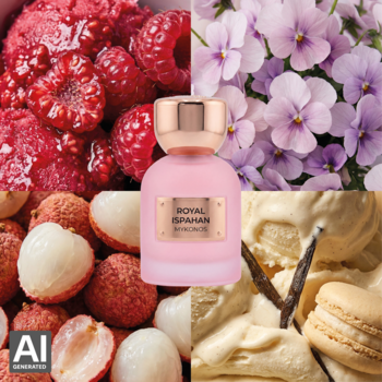 Mykonos Royal Ispahan: butelka perfum otoczona malinami, liczi, fiołkami i wanilią, ilustrująca nuty zapachowe.