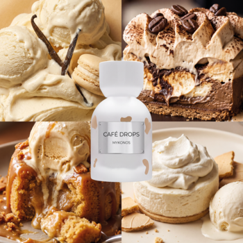 Mykonos Cafe Drops perfumy, butelka pośrodku kolażu deserów: kremowe tiramisu, waniliowe lody i karmelowy wypiek.