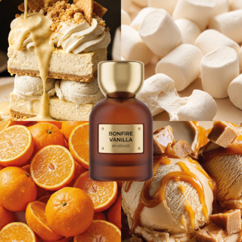 Ekstrakt perfum Bonfire Vanilla, butelka wśród składników: deser, pianki, pomarańcze i lody karmelowe.