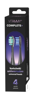 Vitammy COMPLETE+ uniwersalne końcówki do szczoteczki, 4 szt. Ciemne pudełko z zieloną i niebieską główką.