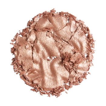 Zbliżenie na rozkruszony, rose gold Revolution Reloaded Highlighter "Set The Scene", intensywnie błyszczący puder.