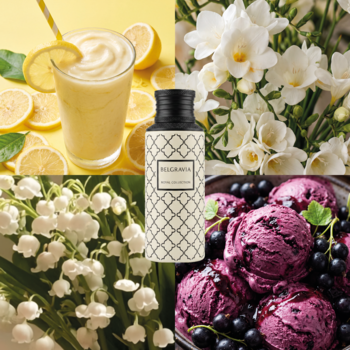 Butelka wody perfumowanej Maison Asrar Belgravia otoczona cytryną, frezją, konwalią i czarną porzeczką.