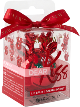 SUNEW Dear Kiss, nawilżający balsam do ust z masłem shea w kształcie renifera, w pudełku z czerwoną wstążką.