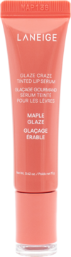 Brzoskwiniowa tubka Laneige Glaze Craze Tinted Lip Serum Maple Glaze, widok z przodu, z białym napisem.