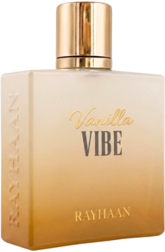 Rayhaan Vanilla Vibe, matowa butelka wody perfumowanej, złoto-biały gradient, widok pod kątem.