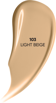 Próbka matującego podkładu Matt & Smoothing, odcień 103 Light Beige z napisem, gładka, na ciemnym tle.