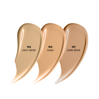 Trzy swatche matującego podkładu Matt & Smoothing: 103 Light Beige, 105 Sand, 107 Dark Beige. Białe tło.