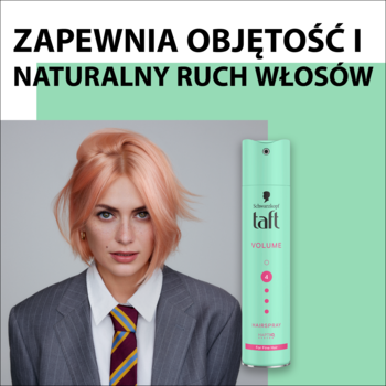Kobieta z brzoskwiniowymi włosami, obok miętowy lakier Taft Volume, zapewniający objętość i naturalny ruch.