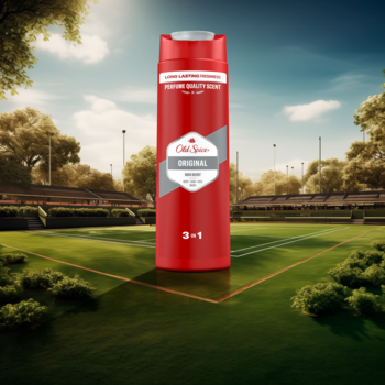 Czerwona butelka żelu pod prysznic Old Spice Original 3-w-1, z srebrnym wieczkiem, na korcie tenisowym.