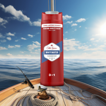 Czerwony Old Spice Whitewater 3w1 żel pod prysznic o świeżym zapachu, widok z przodu na tle morza.