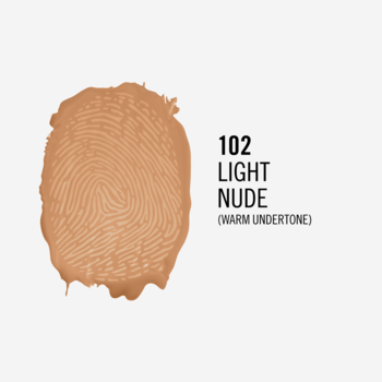 Swatch podkładu Rimmel Match Perfection 102 Light Nude (ciepły podton) z teksturą odcisku palca.