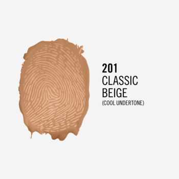 Rimmel Match Perfection Classic Beige (201) – beżowy swatch podkładu o chłodnym odcieniu, jak odcisk palca.