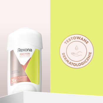Biały antyperspirant Rexona Maximum Protection Stress Control, z różowo-zielonymi akcentami, na tle z pieczęcią.