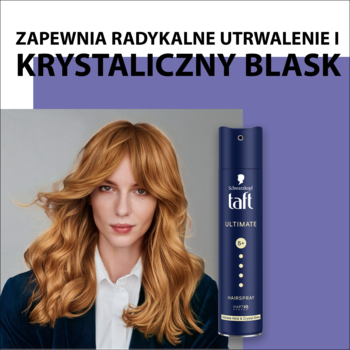 Schwarzkopf Taft Ultimate lakier do włosów na fioletowym tle z modelką i jej krystalicznie błyszczącymi włosami.