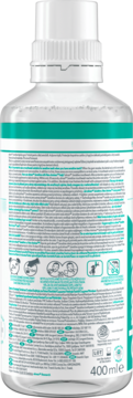 Tył butelki płynu elmex Gentle Care 400ml, dla wrażliwych zębów, z białym korkiem i opisem w wielu językach.