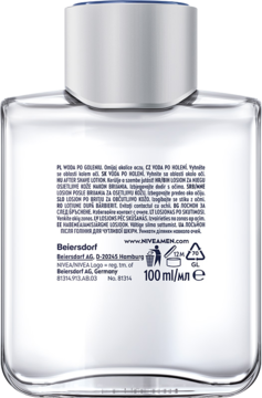 NIVEA MEN Sensitive Łagodząca Woda po goleniu, tył szklanej butelki 100ml z etykietą i srebrnym zamknięciem.