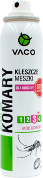Biały spray Vaco na komary, kleszcze i meszki, z zielonym logo i różowym napisem 'DLA RODZINY'.