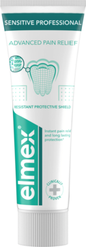 Elmex Sensitive Professional Advanced Pain Relief, biała tubka z zielonym logo, na nadwrażliwe zęby.