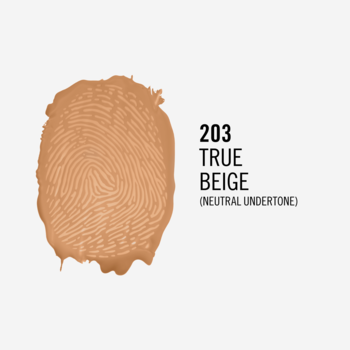 Kremowy podkład Rimmel Match Perfection True Beige w kształcie odcisku palca, z numerem 203 i neutralnym odcieniem.