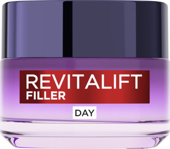 Krem L'Oréal Revitalift Filler Day w szklanym słoiku, fioletowa nakrętka, czerwona etykieta, widok z przodu.