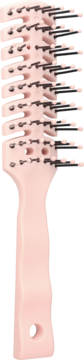 Jasnoróżowa wentylowana szczotka z czarnymi igłami i miękkimi kuleczkami, do delikatnych włosów, widok przód.