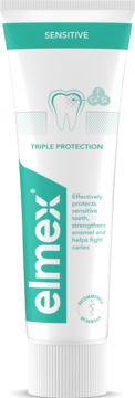 Elmex Sensitive Triple Protection, biała tubka pasty do zębów, turkusowy napis i grafika zęba, widok z przodu.