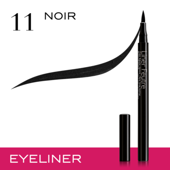 Bourjois Liner Feutre 11 Noir, czarny eyeliner w pisaku z narysowaną, wyrazistą kreską na białym tle.