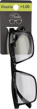 Infocus okulary do czytania +1.00, czarne prostokątne, na opakowaniu Eye Medic, widok z góry.