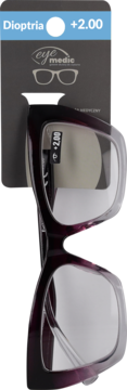 Ciemnofioletowe okulary do czytania Eye Medic z dioptrią +2.00 na czarnym opakowaniu, widok z przodu.