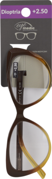 Gotowe okulary do czytania Eye Medic +2.50 dioptrii, brązowo-żółte oprawki na opakowaniu.