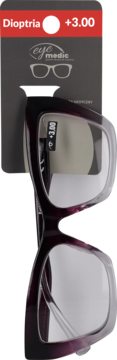 Eye Medic okulary do czytania +3.00 w ciemnofioletowej, kwadratowej oprawce, na opakowaniu, widok z przodu.