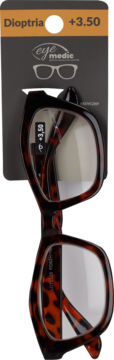 Gotowe okulary do czytania Eye Medic +3.50, w szylkretowych oprawkach, na szarej karcie produktu.