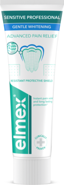 Pasta elmex Sensitive Professional Gentle Whitening Advanced Pain Relief w biało-turkusowej tubce, widok z przodu.