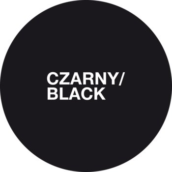 Czarne kółko z białym napisem CZARNY/BLACK, oznaczające intensywny, czarny eyeliner do oczu.