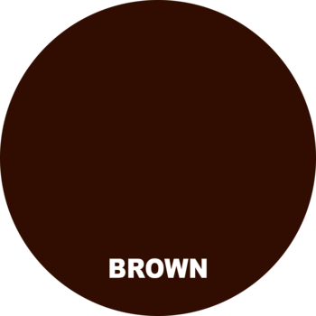 Próbka koloru ciemnobrązowego kredki do oczu w okrągłym kształcie, z napisem BROWN na czarnym tle.