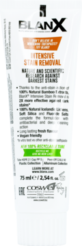 Biała tuba pasty BlanX Intensive Stain Removal, 75ml, z pomarańczowym napisem, widok z przodu, z informacją o usuwaniu przebarwień.