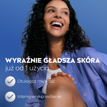 Uśmiechnięta kobieta z gładką, nawilżoną skórą. Tekst promuje NIVEA Wygładzające mleczko do ciała.