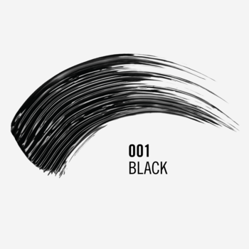 Gęsta, czarna próbka tuszu do rzęs Rimmel Scandaleyes Reloaded, symbolizująca objętość, z napisem 001 BLACK.