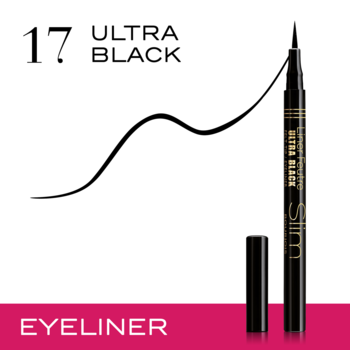 Bourjois Liner Feutre Slim eyeliner Ultra Black, czarny pisak z otwartą skuwką i narysowaną kreską na białym tle.