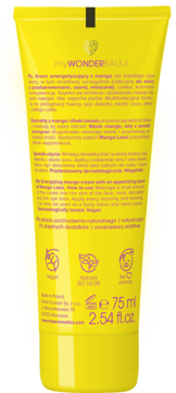 Tył żółtej tubki myWONDERBALM Energetyzujący krem z mango 75ml. Opis i certyfikaty vegan/naturalne.