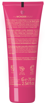 Tył różowej tubki myWONDERBALM, kremu odżywczego z wodą różaną, 75 ml. Widoczne szczegóły produktu i certyfikaty.