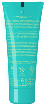 Tył turkusowej tubki kremu nawilżającego myWONDERBALM z wodą kokosową, zapach Piña Colada, 75 ml.